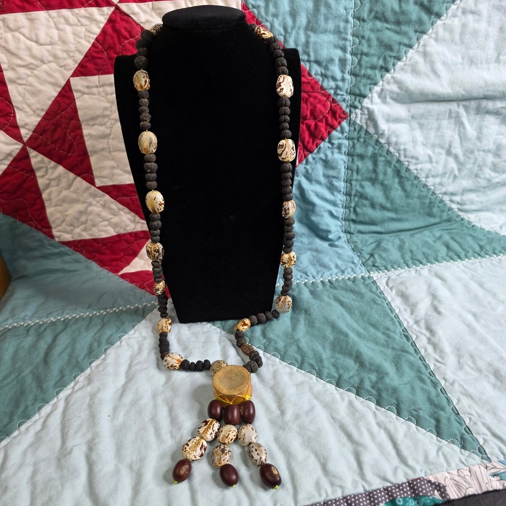 Handmade Seed and Nut Bead Necklace with Miniature Drum Pendant Brown Tan Boho